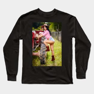 Sexy farmer girl in hat near the tractor Long Sleeve T-Shirt